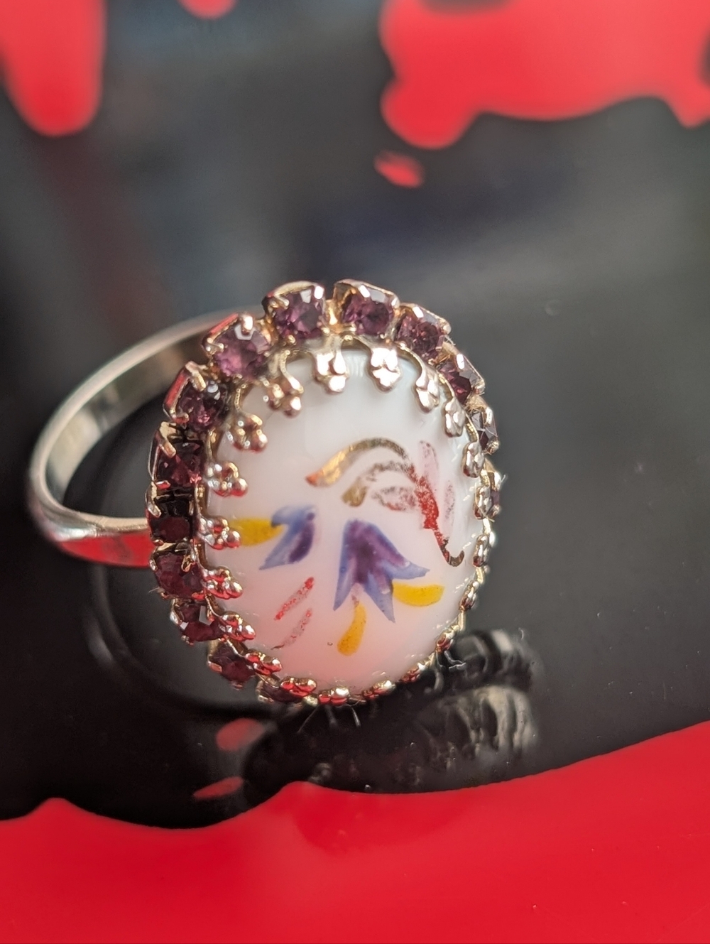 Hand-Painted Floral Milk Glass Cabochon Ring With Burgundy Rhinestone